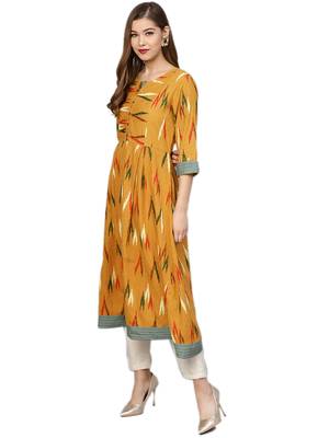Mustard printed cotton long-kurtis 4