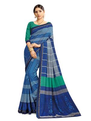 Women Blue Cotton Silk Handloom Saree With Blouse 1