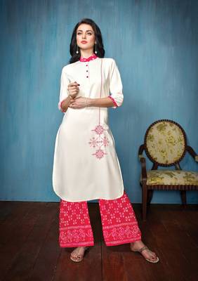 Women's White & Dark Pink Rayon & Cotton Preety Designer Kurtis 1