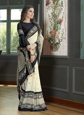 black printed lilen cottan saree with blouse 1