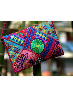 Colorful Embroidered Foil Mirror Worked Rajasthani Banjara Sling Bag With Non Adjustable Dori Pattern 2 1
