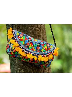 Yellow Colored Tassel All Around Flap Digital Pattern Kutch Embroidered Banjara Sling Bag WIth Dori Style Sling 1