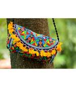 Yellow Colored Tassel All Around Flap Digital Pattern Kutch Embroidered Banjara Sling Bag WIth Dori Style Sling