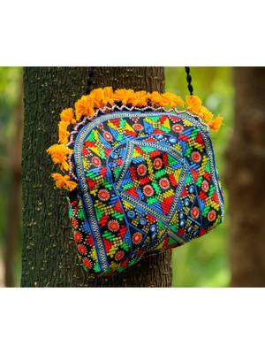 Yellow Colored Tassel All Around Flap Digital Pattern Kutch Embroidered Banjara Sling Bag WIth Dori Style Sling 2