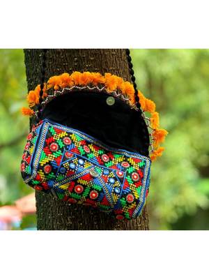 Yellow Colored Tassel All Around Flap Digital Pattern Kutch Embroidered Banjara Sling Bag WIth Dori Style Sling 3