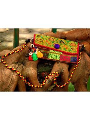 Kutch Embroidered Banjara Sling Bag With Heavy Shell Embellished Tassel IN Multicolored. Pattern 2 1