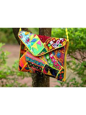 Colorful Embroidered Foil Mirror Worked Rajasthani Banjara Sling Bag With Non Adjustable Dori Pattern 1 1