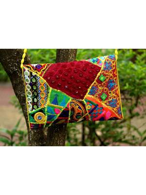 Colorful Embroidered Foil Mirror Worked Rajasthani Banjara Sling Bag With Non Adjustable Dori Pattern 1 2