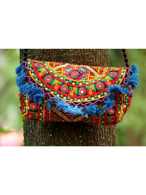 Blue Colored Tassel All Around Flap Digital Pattern Kutch Embroidered Banjara Sling Bag With Dori Style Sling Pattern 1 1