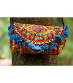 Blue Colored Tassel All Around Flap Digital Pattern Kutch Embroidered Banjara Sling Bag With Dori Style Sling Pattern 1