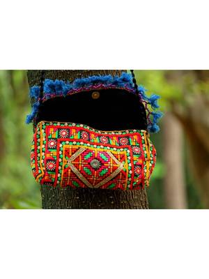 Blue Colored Tassel All Around Flap Digital Pattern Kutch Embroidered Banjara Sling Bag With Dori Style Sling Pattern 1 2