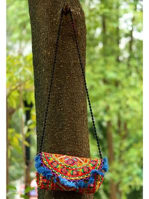 Blue Colored Tassel All Around Flap Digital Pattern Kutch Embroidered Banjara Sling Bag With Dori Style Sling Pattern 1 3