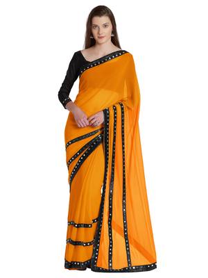 Mustard embroidered chiffon saree with blouse 1