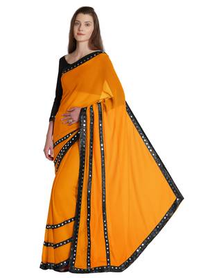 Mustard embroidered chiffon saree with blouse 2