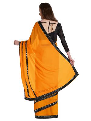 Mustard embroidered chiffon saree with blouse 3