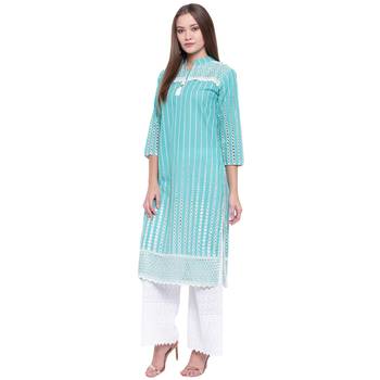 Turquoise embroidered cotton kurtasandkurtis 1