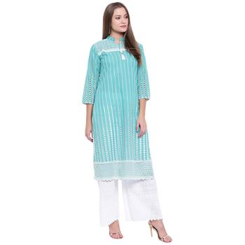 Turquoise embroidered cotton kurtasandkurtis 4