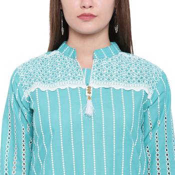 Turquoise embroidered cotton kurtasandkurtis 5
