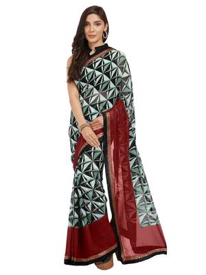 Red printed faux georgette saree with blouse 1