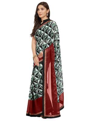 Red printed faux georgette saree with blouse 2