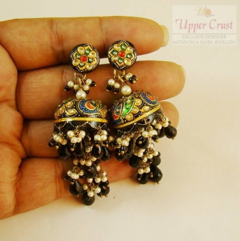 Black Onyx Handpainted Peacock Motif Jhumka Earrings