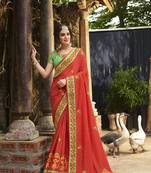 Rust embroidered silk saree with blouse