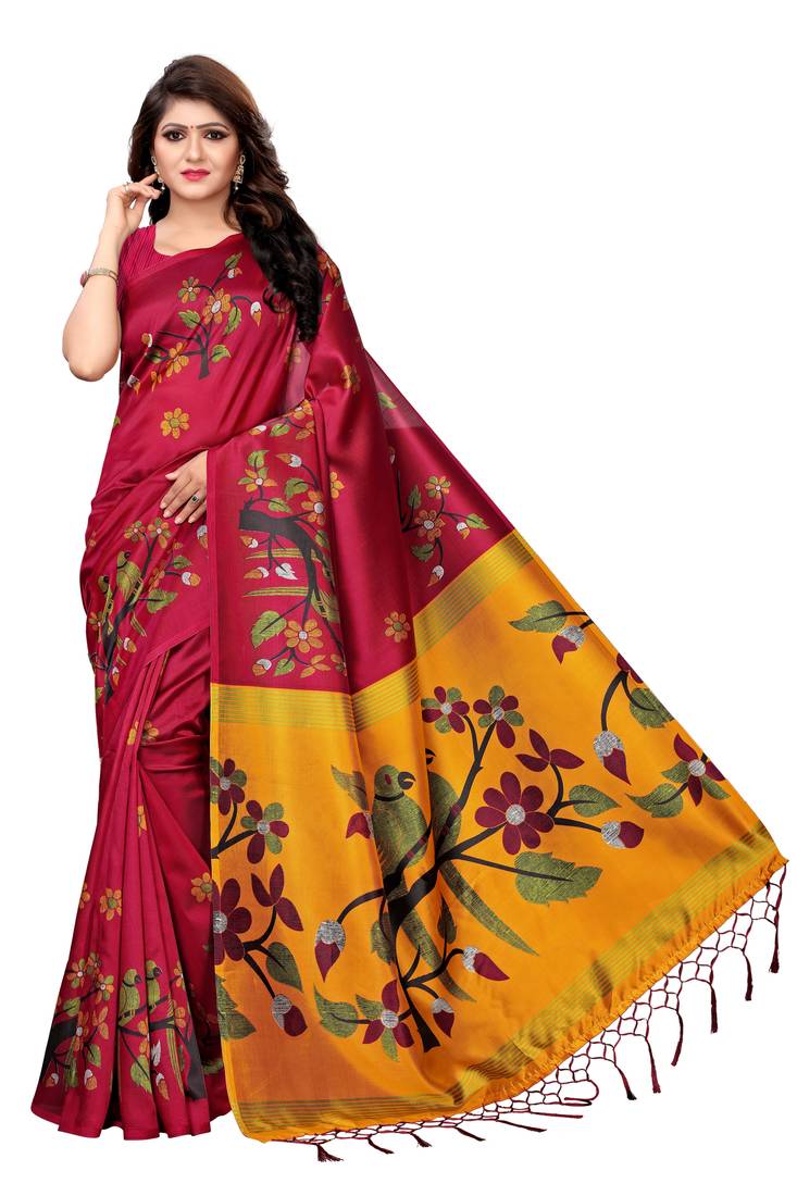 Pink printed art silk saree with blouse