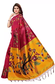 Pink printed silk blend saree with blouse