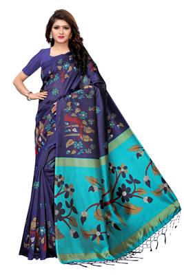 Violet printed art silk saree with blouse 1