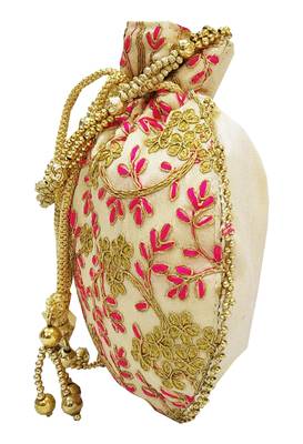 Shree Shyam Products Embroidered Silk Potli Bag With Metal Bead Handle 3
