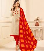 Beige embroidered pure blended cotton salwar