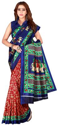 Blue printed art silk saree with blouse 1