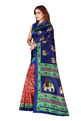 Blue printed art silk saree with blouse 3