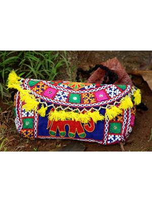 Yellow Colored Tassel All Around Flap Elephant Pattern Kutch Embroidered Banjara Sling Bag WIth Dori Style Sling 1