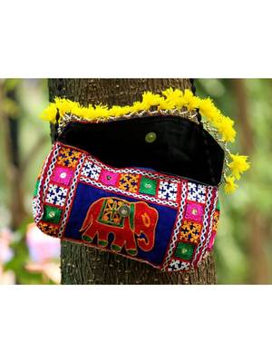 Yellow Colored Tassel All Around Flap Elephant Pattern Kutch Embroidered Banjara Sling Bag WIth Dori Style Sling 2