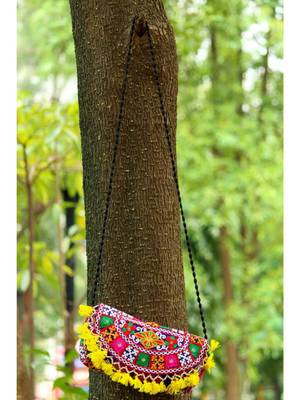 Yellow Colored Tassel All Around Flap Elephant Pattern Kutch Embroidered Banjara Sling Bag WIth Dori Style Sling 3