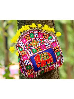 Yellow Colored Tassel All Around Flap Elephant Pattern Kutch Embroidered Banjara Sling Bag WIth Dori Style Sling 4
