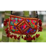 Maroon Colored Tasseled Maroon Colored Base Non Adjustable Banjara Sling Bag Pattern 3