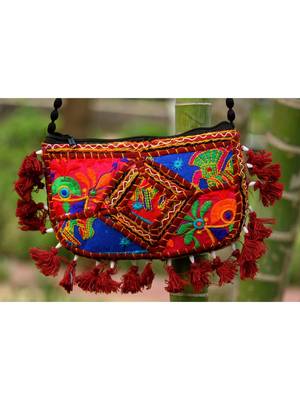 Maroon Colored Tasseled Maroon Colored Base Non Adjustable Banjara Sling Bag Pattern 3 2