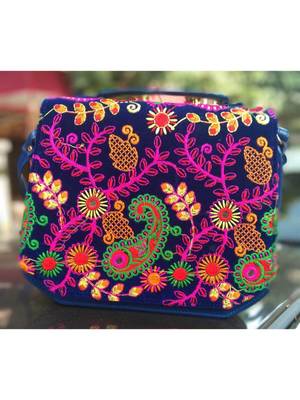 Navy Blue Colored Velvet Base Kutch Embroidered Casual Sling Bag 1