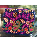 Navy Blue Colored Velvet Base Kutch Embroidered Casual Sling Bag