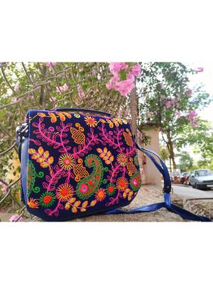 Navy Blue Colored Velvet Base Kutch Embroidered Casual Sling Bag 2