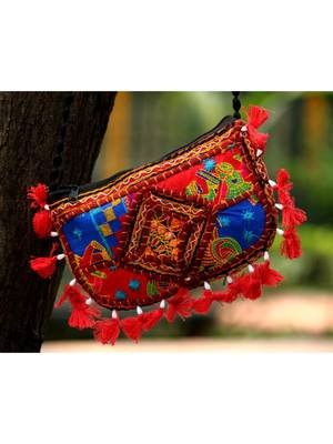 Red Colored Tasseled Maroon Colored Base Non Adjustable Banjara Sling Bag Pattern 2 1