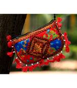 Red Colored Tasseled Maroon Colored Base Non Adjustable Banjara Sling Bag Pattern 2
