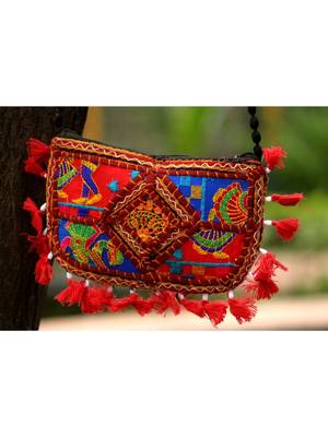 Red Colored Tasseled Maroon Colored Base Non Adjustable Banjara Sling Bag Pattern 2 2