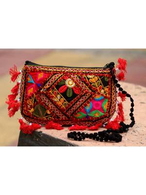 Red Colored Tasseled Maroon Colored Banjara Non Adjustable Sling Bag Pattern 1 1