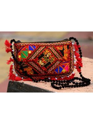Red Colored Tasseled Maroon Colored Banjara Non Adjustable Sling Bag Pattern 1 2