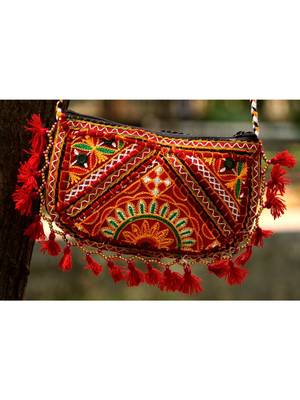 Maroon Colored Tasseled Maroon Colored Base Non Adjustable Banjara Sling Bag Pattern 2 1