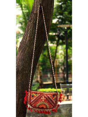 Maroon Colored Tasseled Maroon Colored Base Non Adjustable Banjara Sling Bag Pattern 2 3