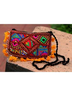 Yellow Colored Tasseled Maroon Colored Base Non Adjustable Banjara Sling Bag 1